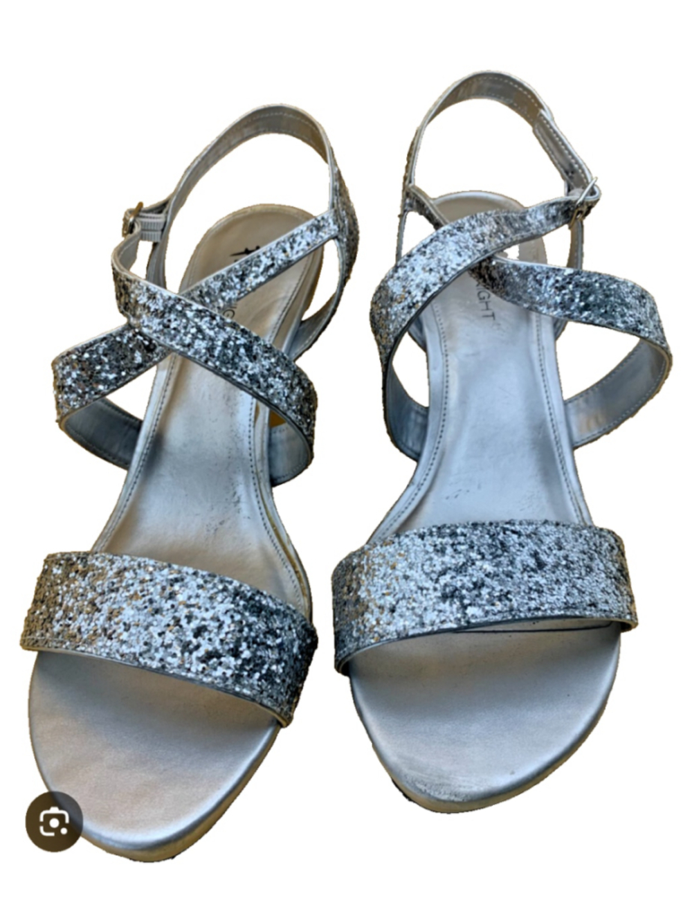 Fioni Night Silver Sequin Heels Strappy Shoes 3 inch heel Women's Size 7.5 ..